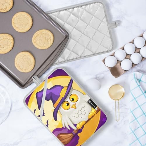 2Pcs Halloween Owl Moon Potholders with Pockets Mitts Set - Heat Resistant Oven Mitts