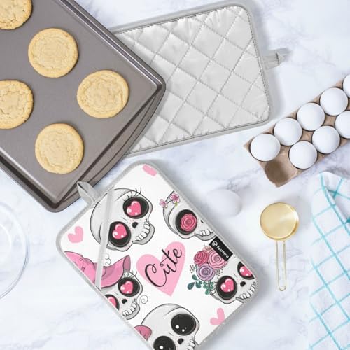 2Pcs Cute Skull Flower Pot Holder Set Non-Slip Oven Mitts with Pockets