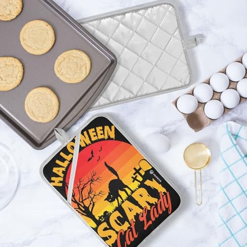 Halloween Scary Cat Lady Potholders Set with Pockets