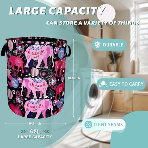 Pink Mandala Elephants Foldable Laundry Basket with Handles