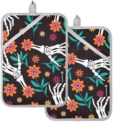 Halloween Hand Skull Flowers Kitchen Potholders