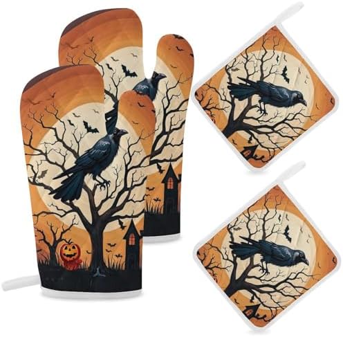 Exclusive Halloween Oven Mitts Pot Covers Set Heat-Resistant for Kitchen Use