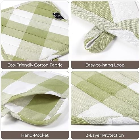 BontHee Heat-Resistant Potholders 2PK Green Plaid Design Kitchen Essential