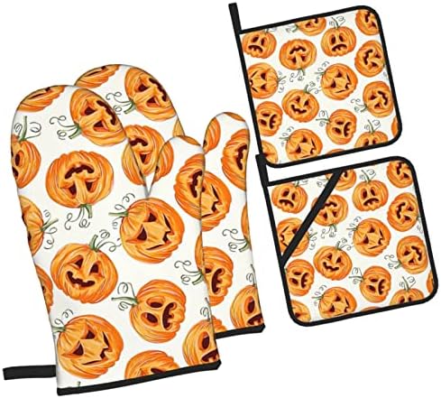 Halloween Pumpkin Oven Mitts and Pot Holders Set of 4