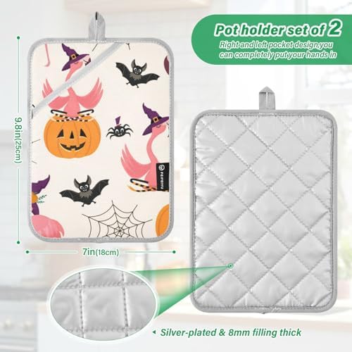 Flamingo Spiders Halloween Potholder Set with Pockets