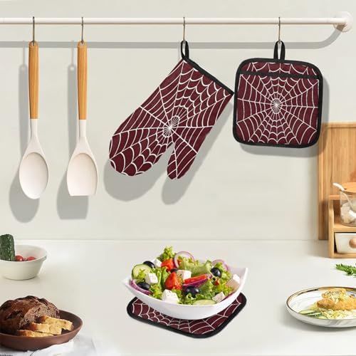 TropicalLife Spiders Web Halloween Oven Mitts and Pot Holders Set