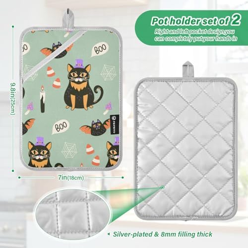 2-Piece Halloween Black Cat Potholders for Fall seasonal
