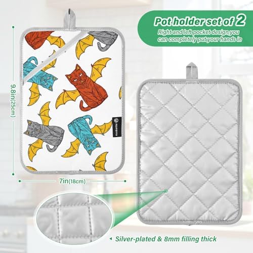 2-Piece Cat Wing Potholders Halloween Kitchen PawsNon-Stick Heat-Resistant