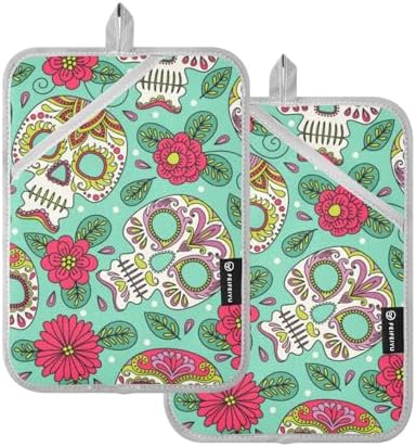 OurVII 2-Piece Halloween Floral Skull Pot Holder Set