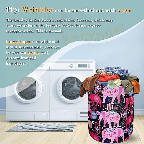 Pink Mandala Elephants Foldable Laundry Basket with Handles