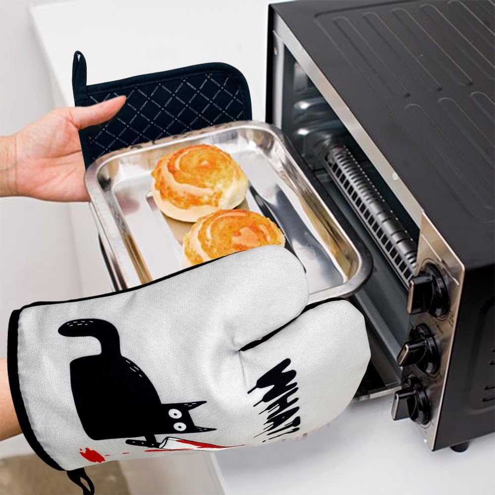 Set of 2 Cat Oven Mitts Pot Holders Heat-Resistant