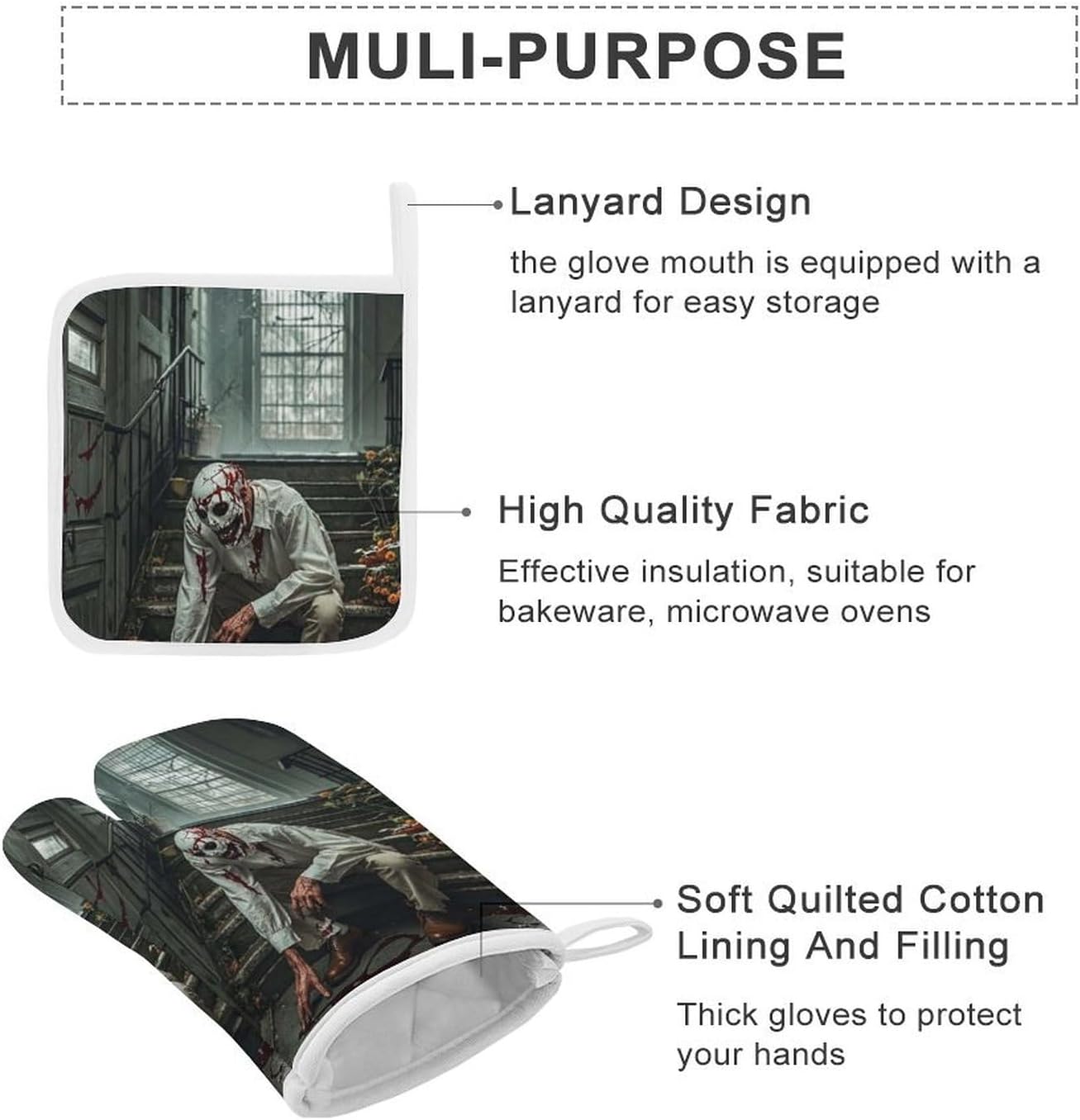 Halloween Horror-Themed Oven Mitts Set for Grilling Baking