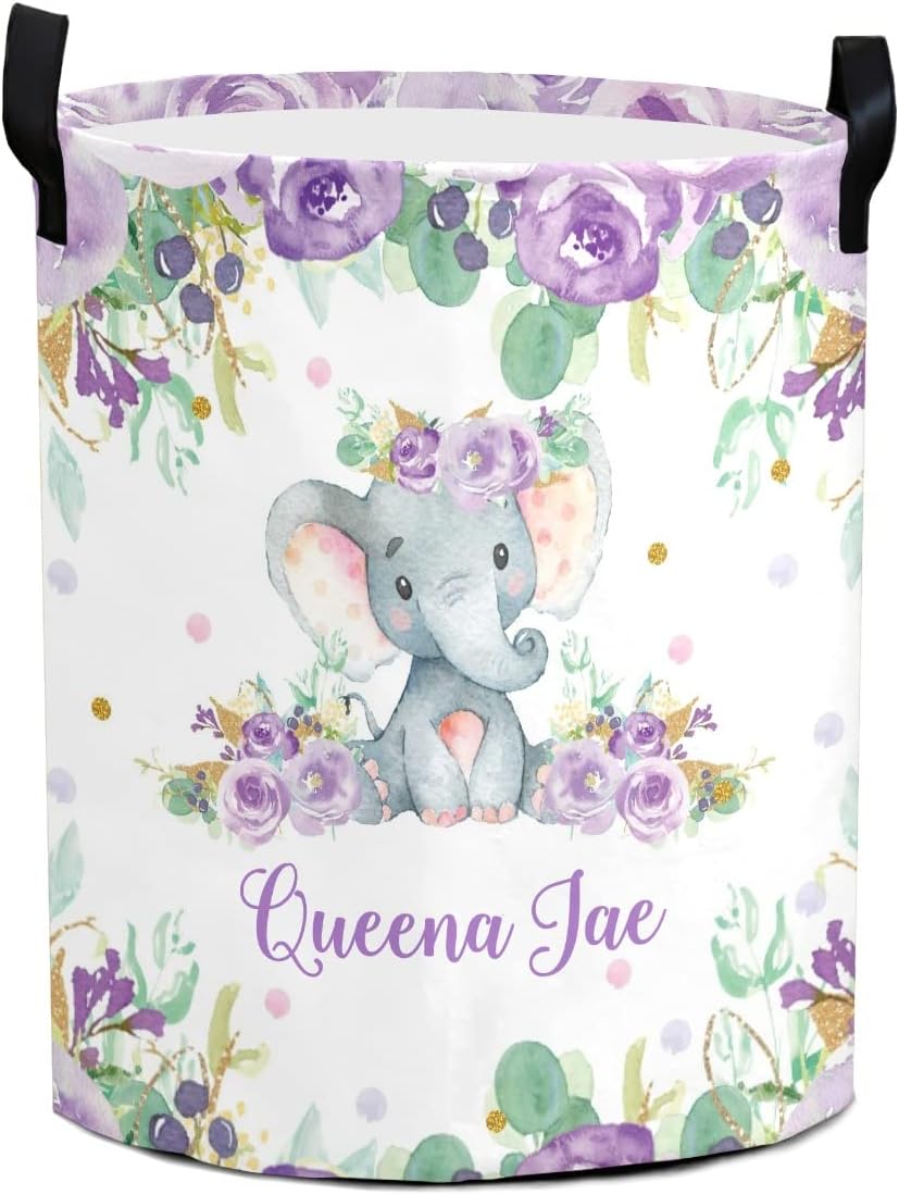 Purple Floral Elephant Laundry Basket with Waterproof PE Coating