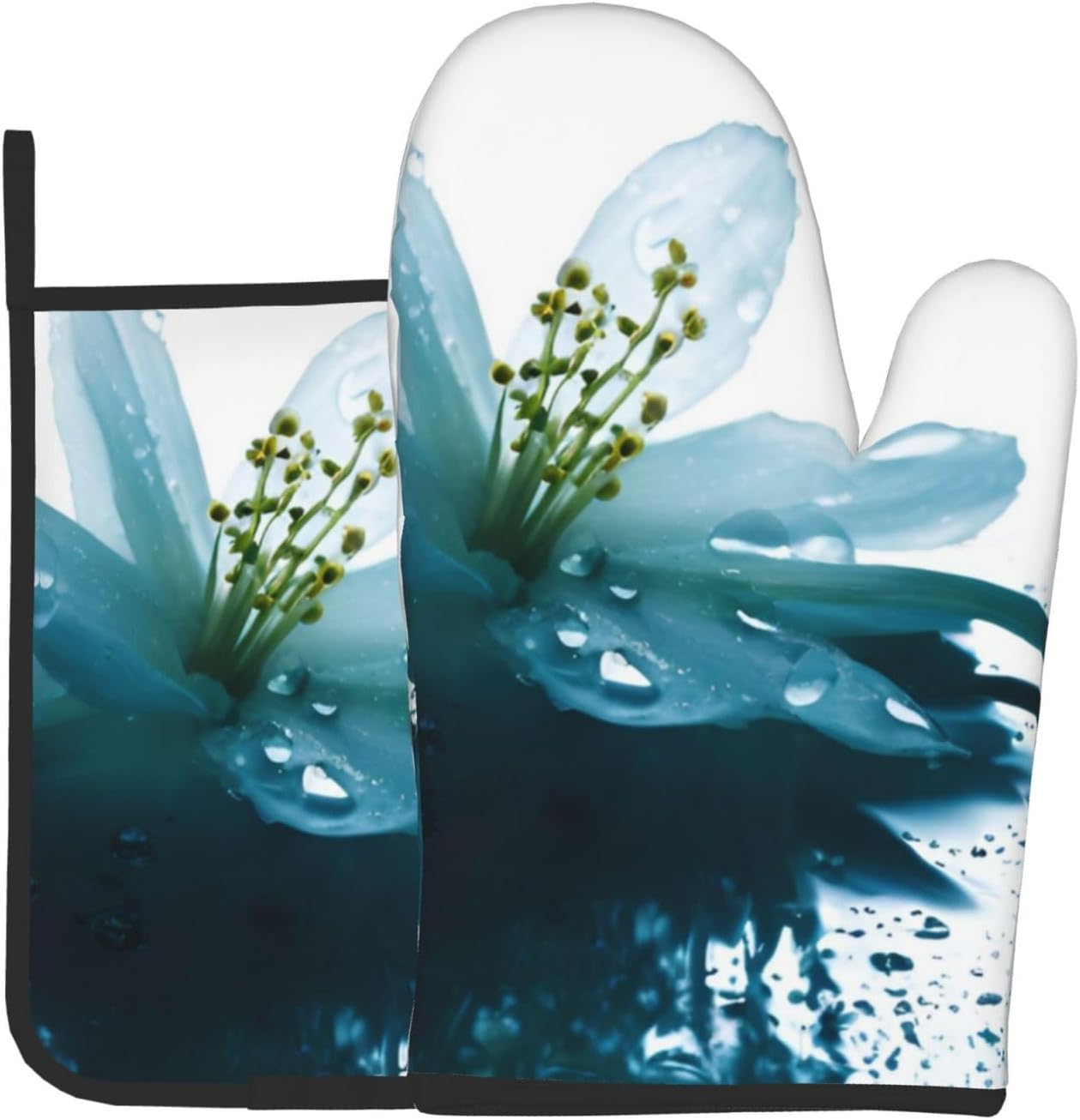 Quopvn Teal Lily Oven Mitt Potholder Set - Heat-Resistant Kitchen Gloves