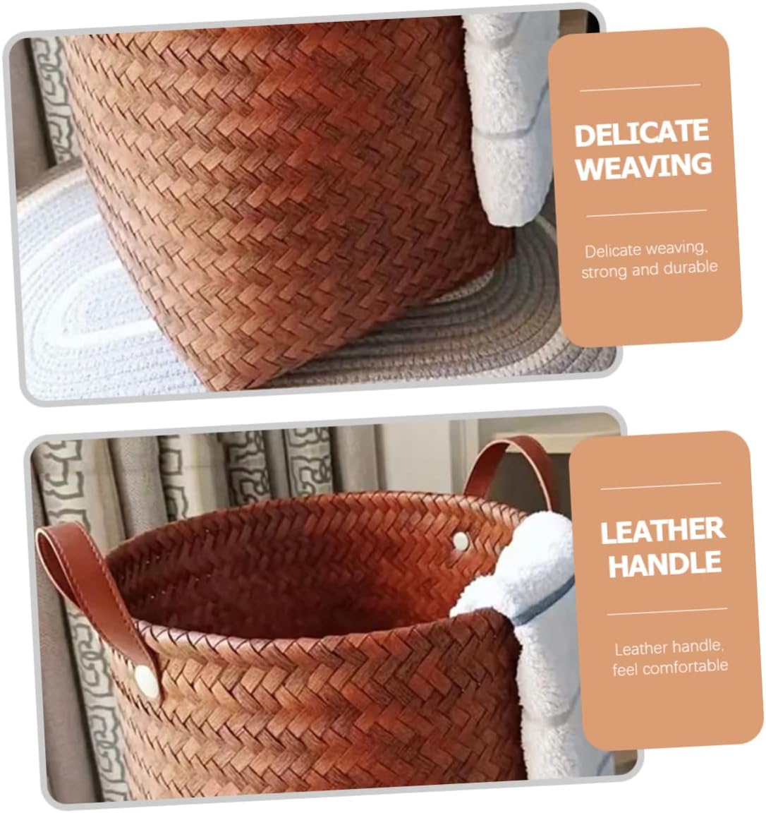 Leather Brown Wicker Laundry Storage Basket for Home and Clothes