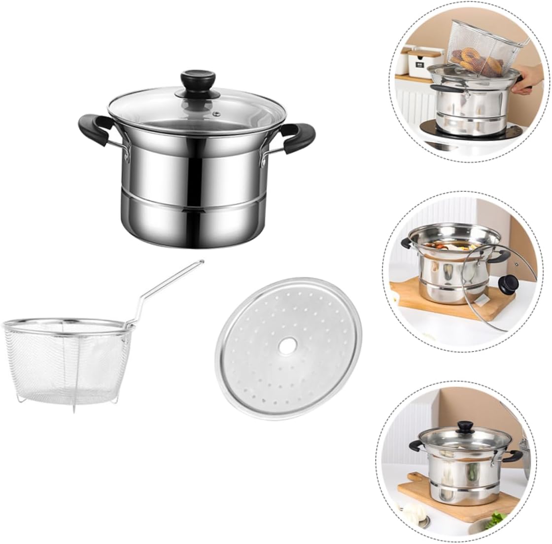 Stainless Steel Soup Saucepan Set with Lid and Steaming Basket