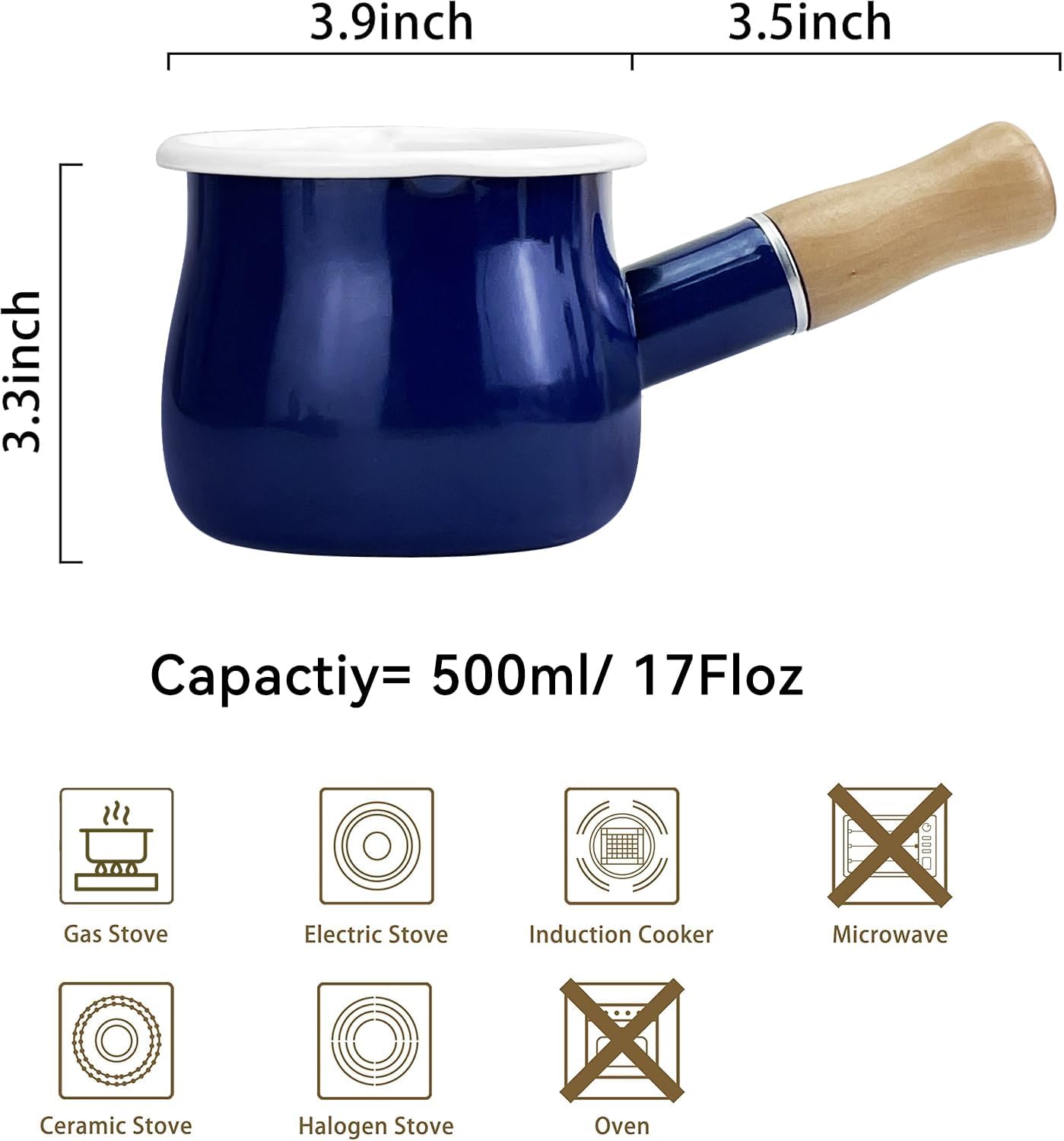 YumCute Enamel Saucepan 4 Inch 17 Oz Butter Warmer with Wooden Handle
