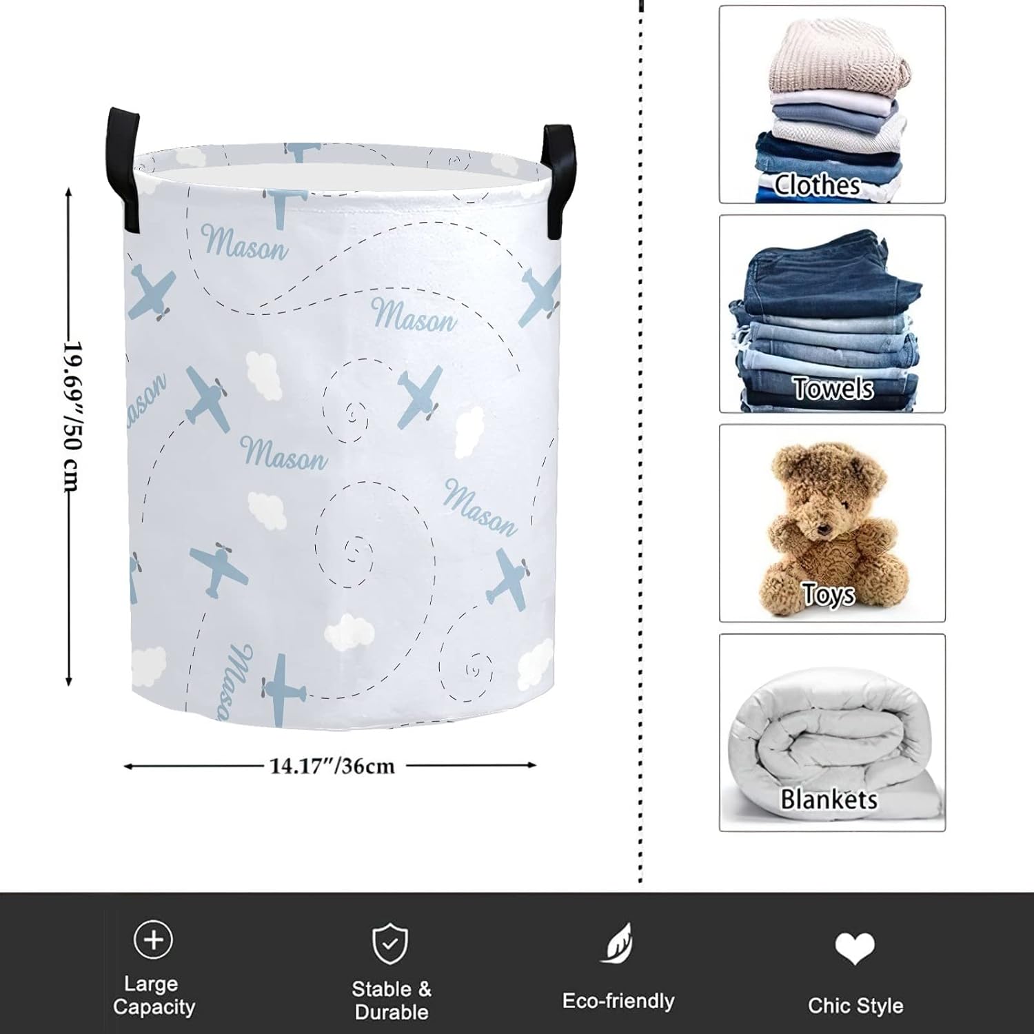 Personalized Laundry Basket Hamper with Airplane Blue Clouds Name Text