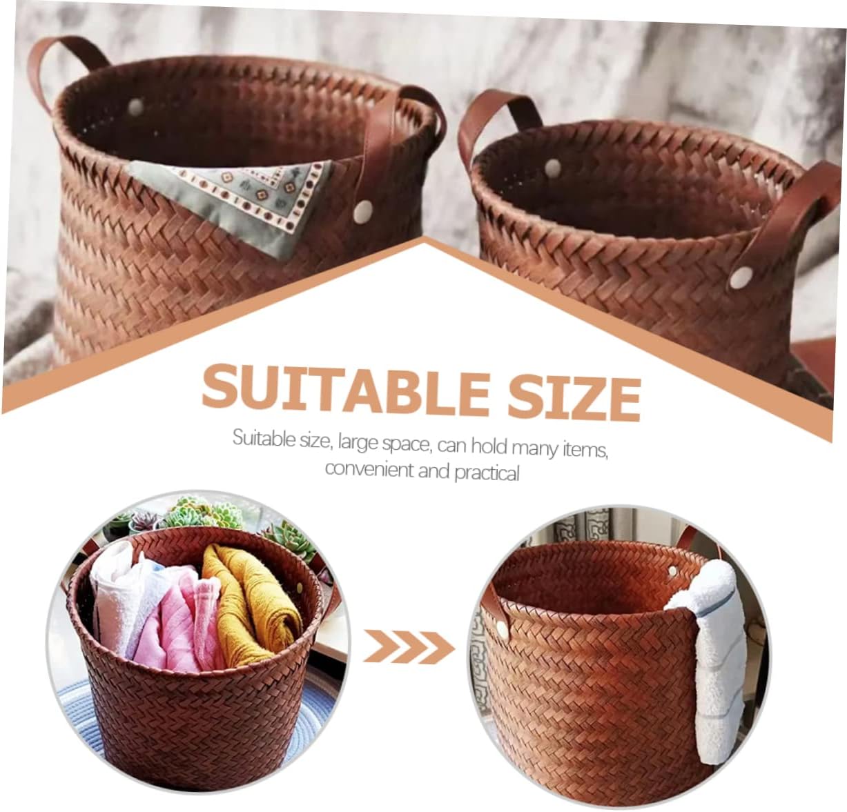 Leather Brown Wicker Laundry Storage Basket for Home and Clothes