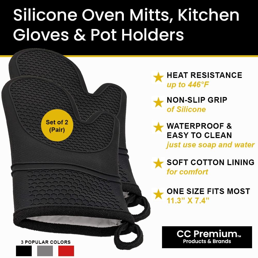 Black Heat Resistant Silicone Oven Mitts Pair of 2