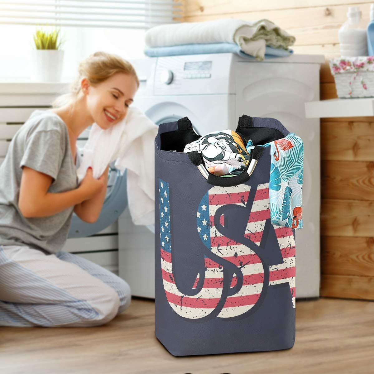 Collapsible Laundry Hamper with American Flag Design