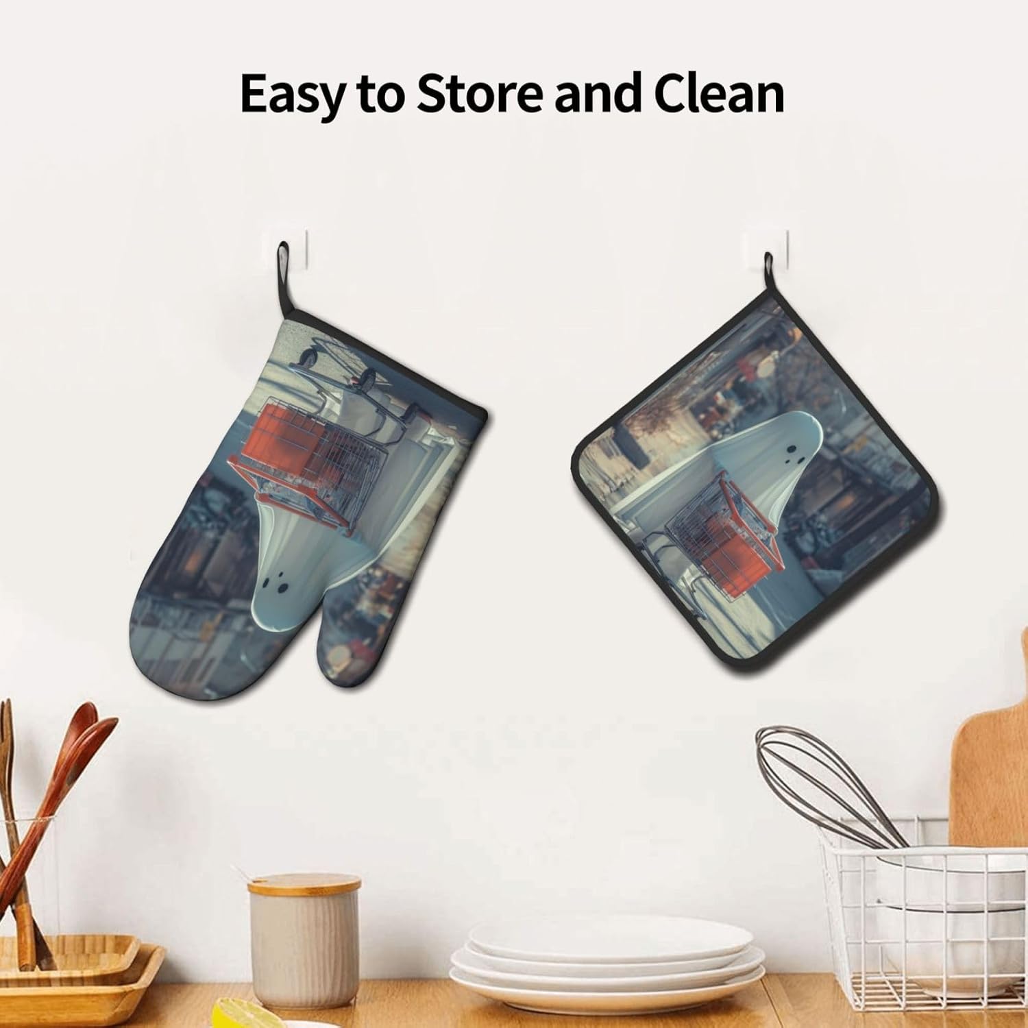 Funny Halloween Ghost Oven Mitts Set Heat-Resistant Potholders for Cooking Baking