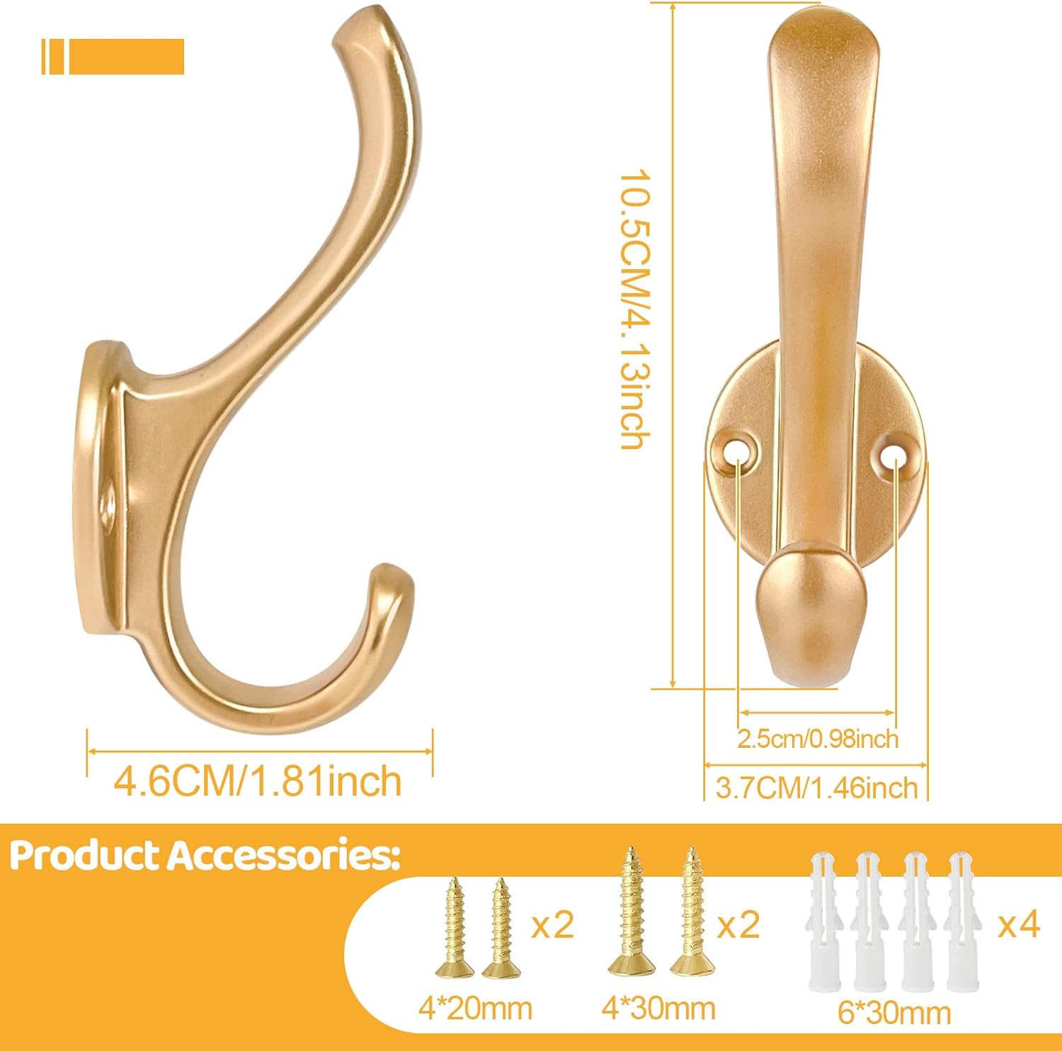 6 Pack Gold Wall Coat Hooks Heavy Duty Double Hooks