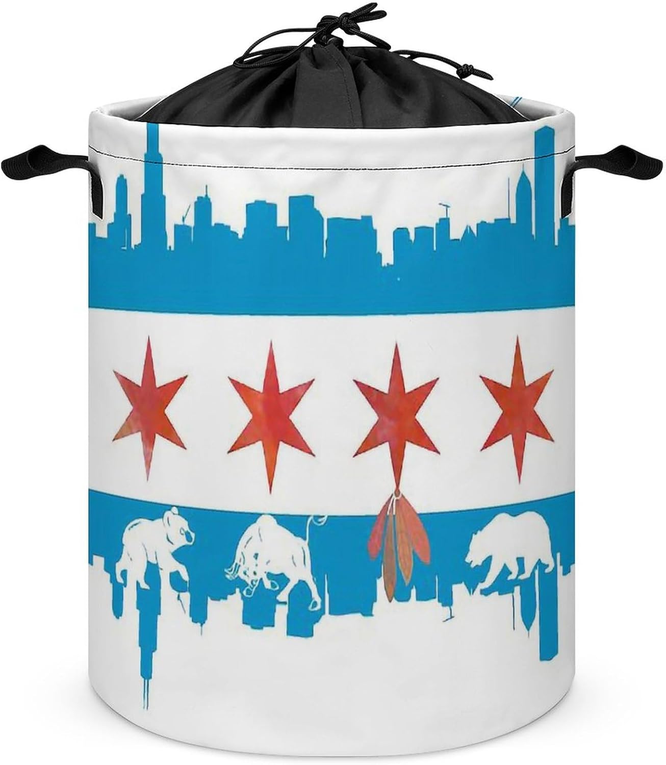 Chicago Flag Skyline Bear Laundry Basket Round Collapsible