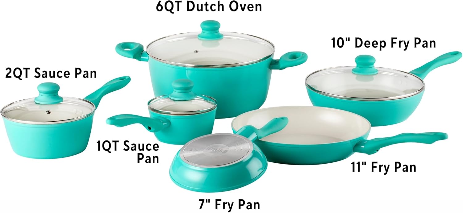 IMUSA 10pc Forged Aluminum Ivory Ceramic Cookware Set with Teal Handles