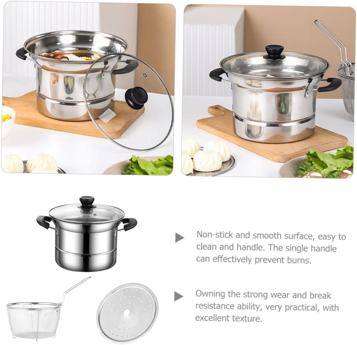 Stainless Steel Soup Saucepan Set with Lid and Steaming Basket