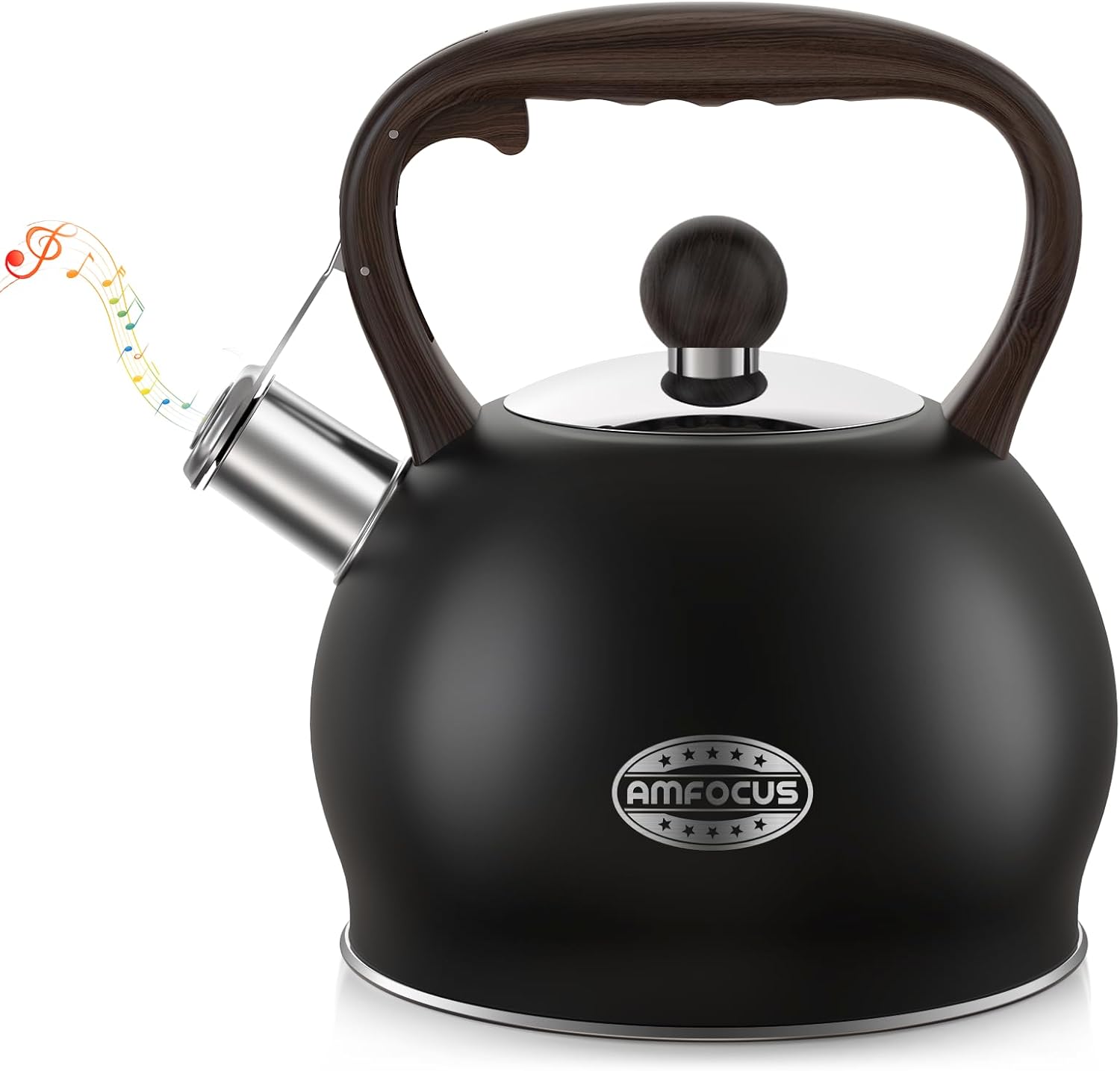 AMFOCUS264 Quart Ergonomic Stainless Steel Tea Kettle with Whistle Black