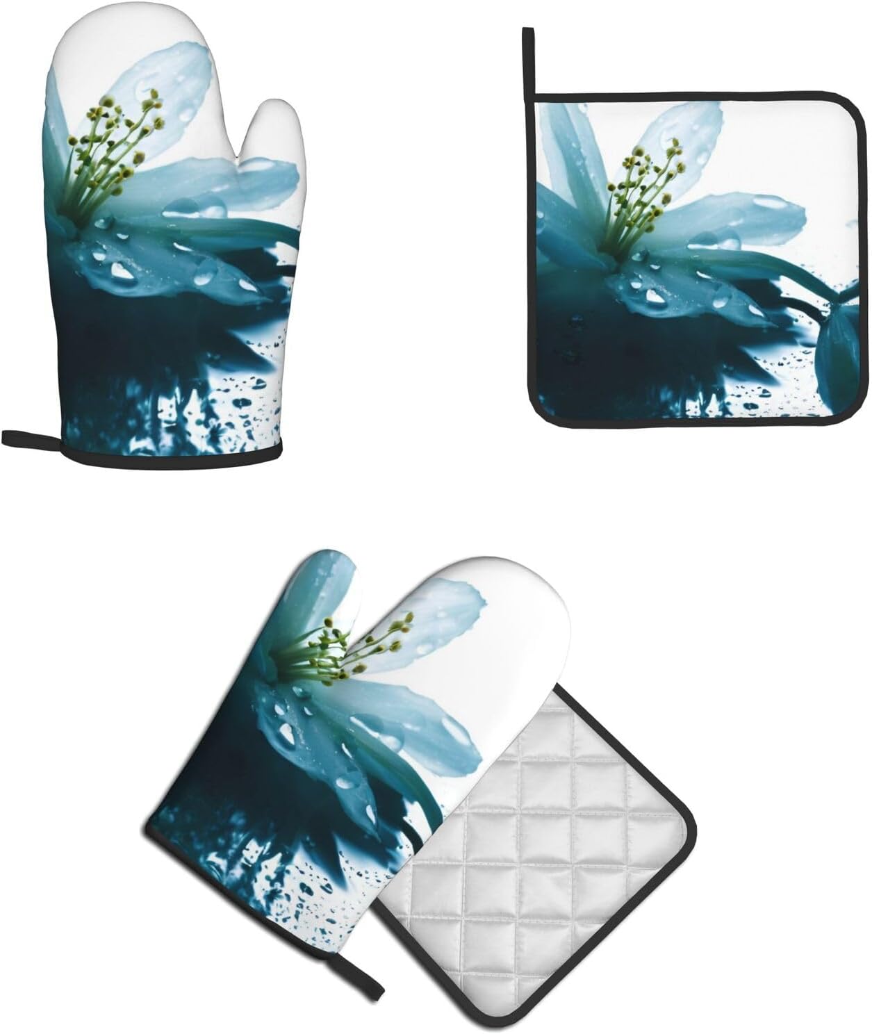 Quopvn Teal Lily Oven Mitt Potholder Set - Heat-Resistant Kitchen Gloves