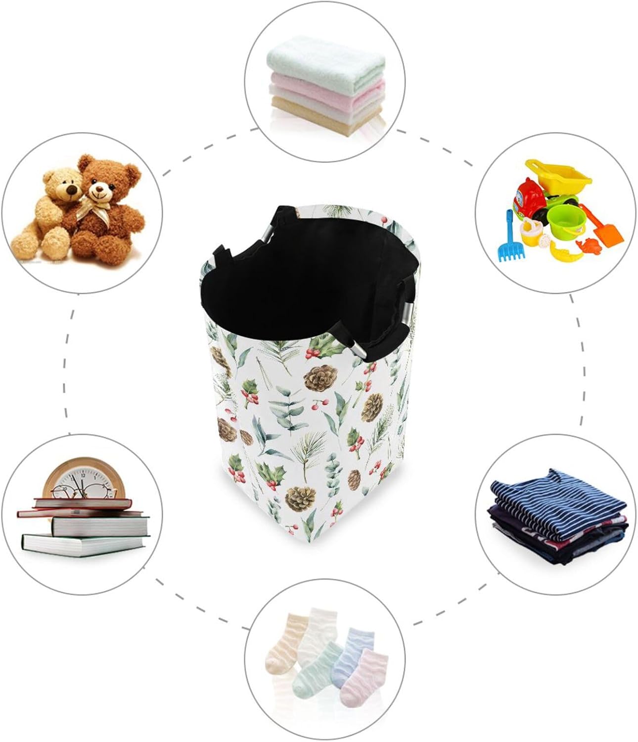 Collapsible Laundry Basket with Handles Waterproof Nursery Storage Christmas Pinecone Design