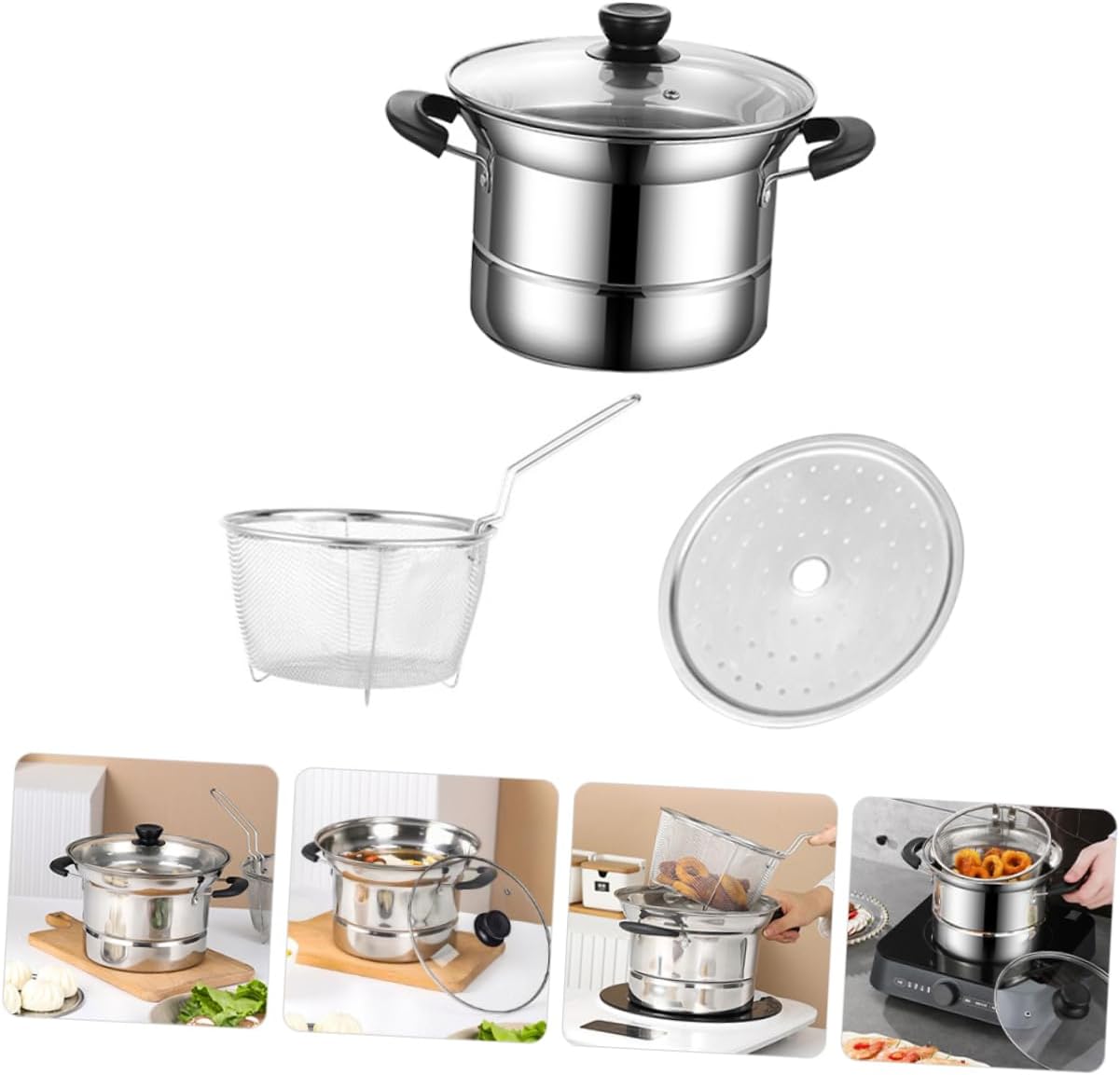 Stainless Steel Soup Saucepan Set with Lid and Steaming Basket