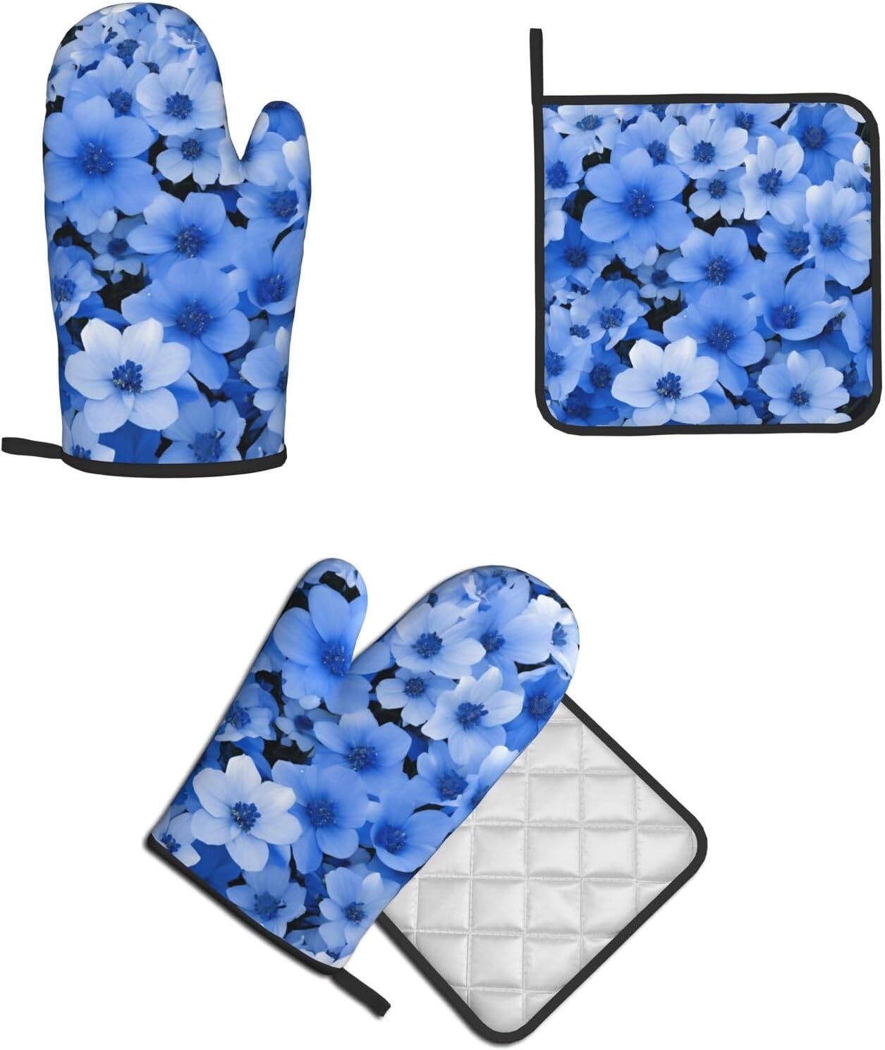 Premium Blue Flower Printed Oven Mitts Pot Holders Heat-Resistant and Durable