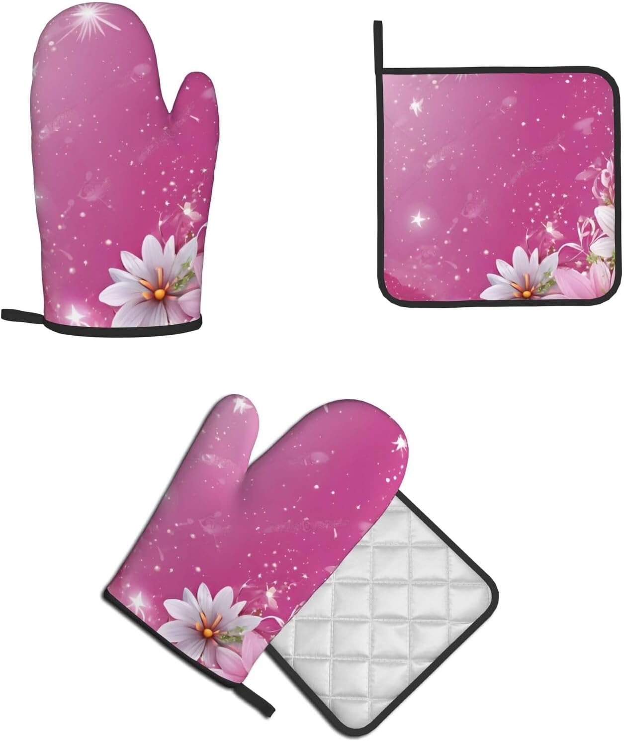 Daisy-Printed Oven Mitts and Pot Holders Non-Slip Kitchen Gloves