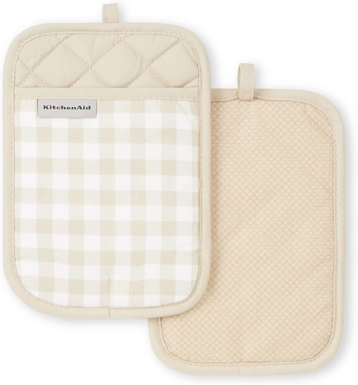 Cozy Gingham KitchenAid Pot Holders Milkshake Tan Set of 2