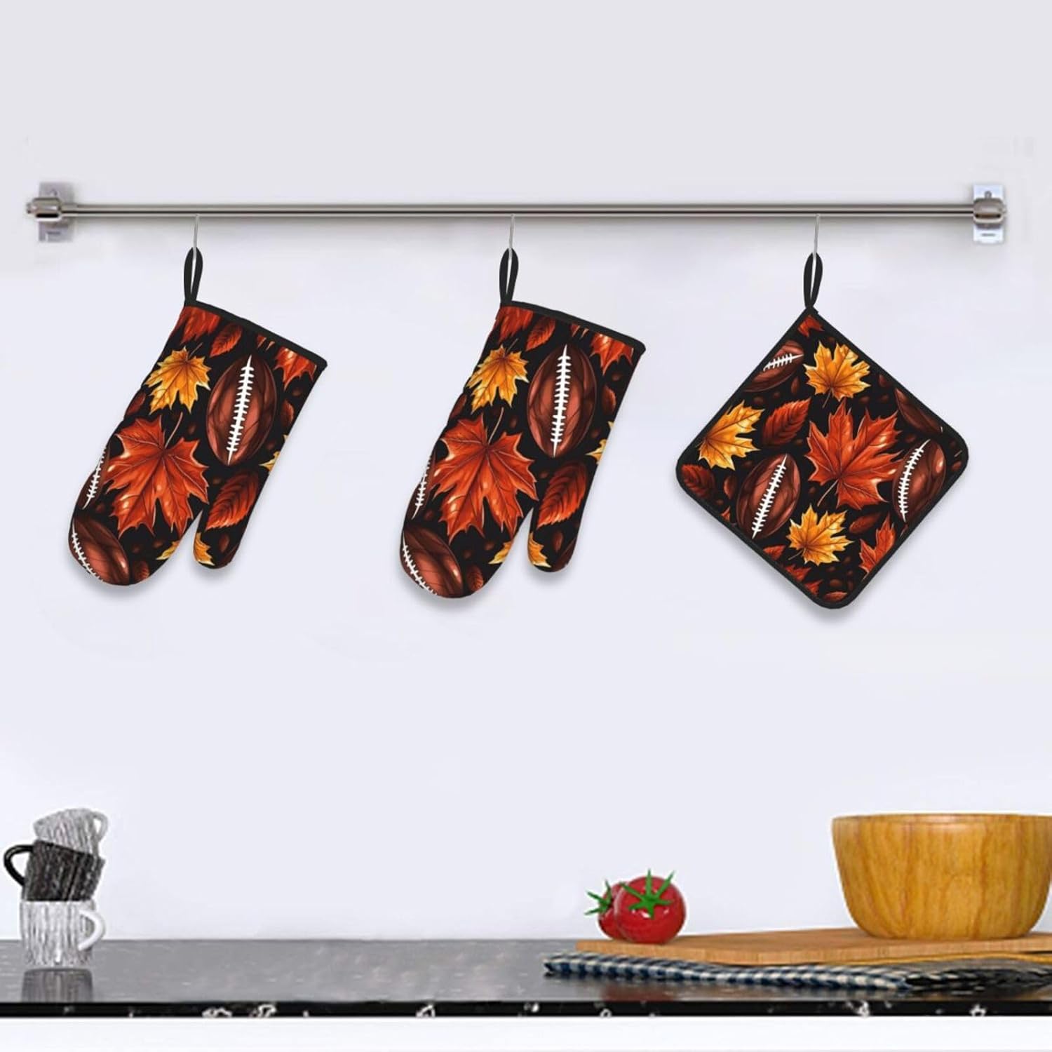 Oven Mitts Set of 3 with Maple Leaf and Football Pattern