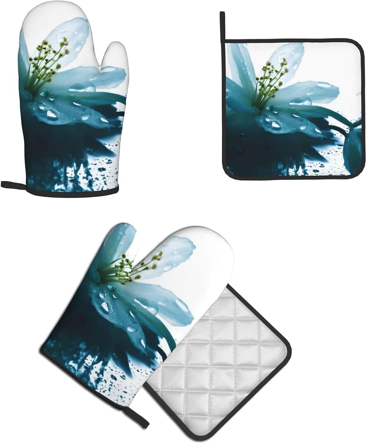 Quopvn Teal Lily Oven Mitt Potholder Set - Heat-Resistant Kitchen Gloves