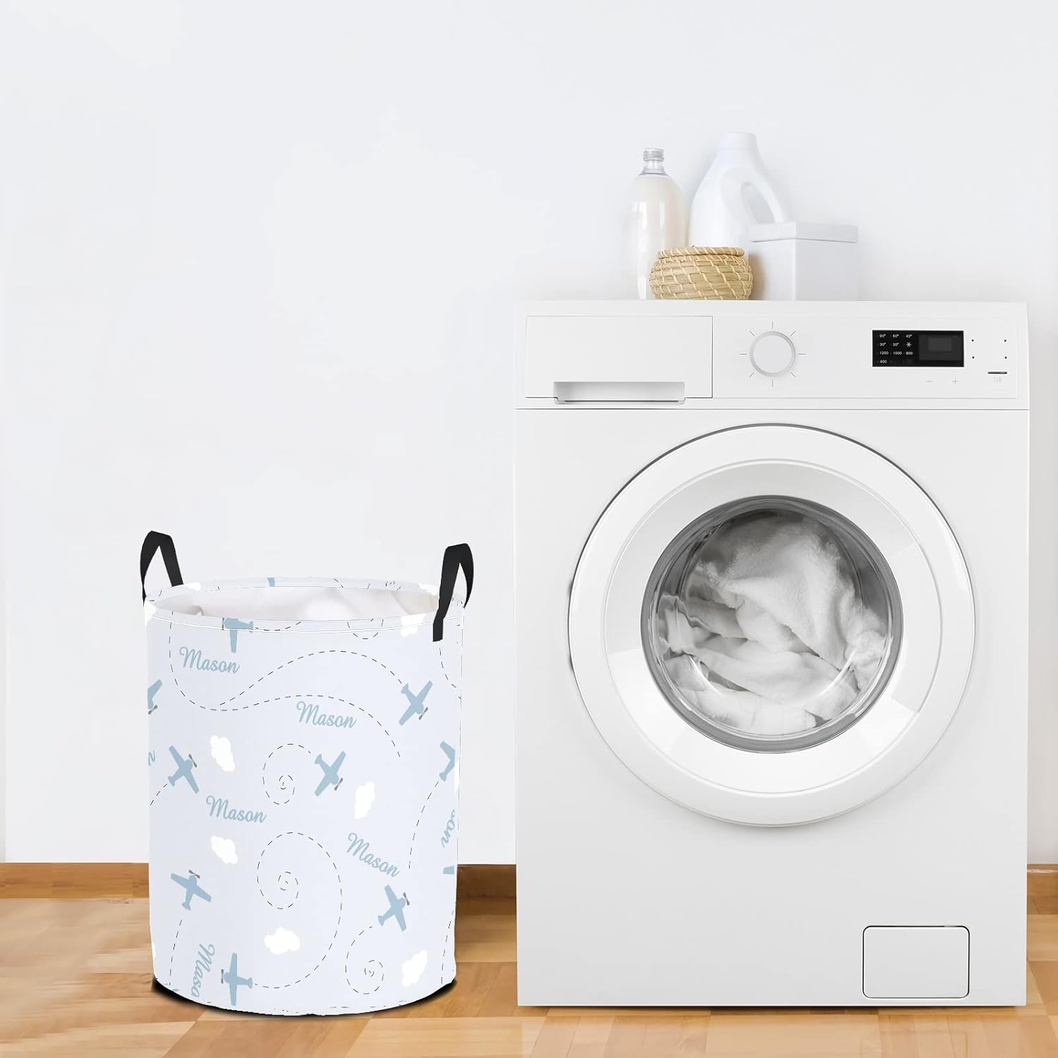 Personalized Laundry Basket Hamper with Airplane Blue Clouds Name Text