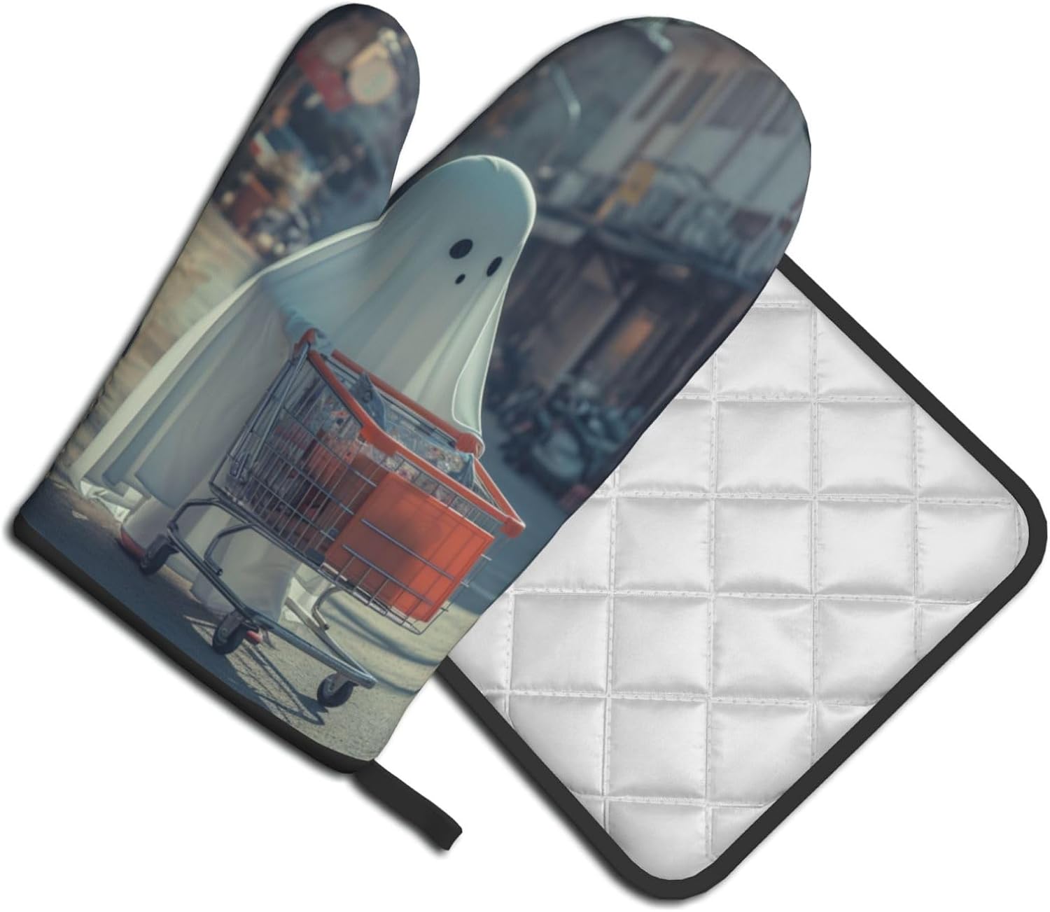 Funny Halloween Ghost Oven Mitts Set Heat-Resistant Potholders for Cooking Baking
