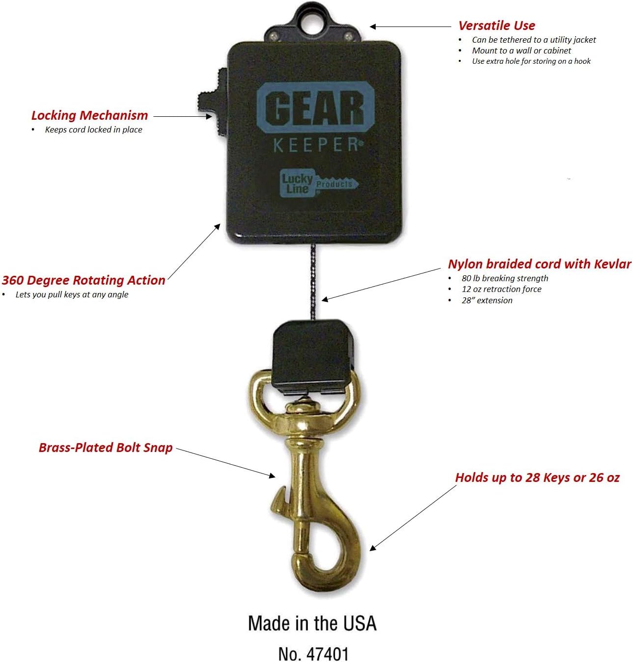 Lucky Line Ultra HIGH Force Gear Keeper Key Retractor