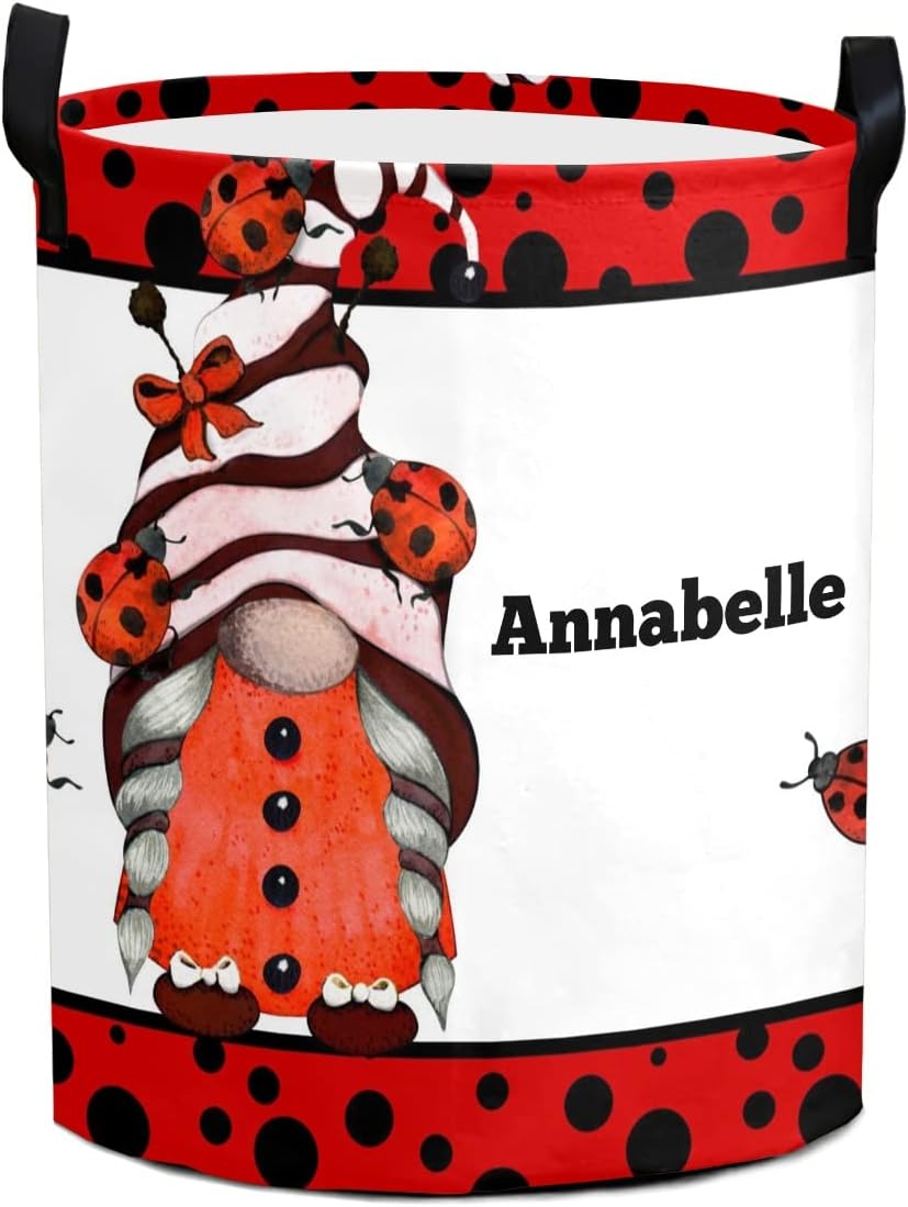 Ladybird Dots Gnome Personalized Waterproof Foldable Laundry Basket with Handle