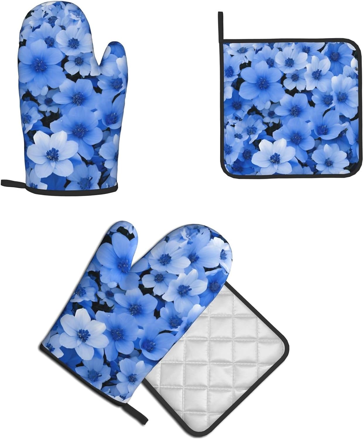 Premium Blue Flower Printed Oven Mitts Pot Holders Heat-Resistant and Durable