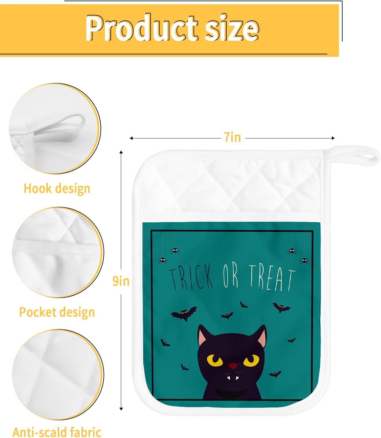 JasmineM Halloween Black Cat Potholders Set of 5 with Hanging Loops