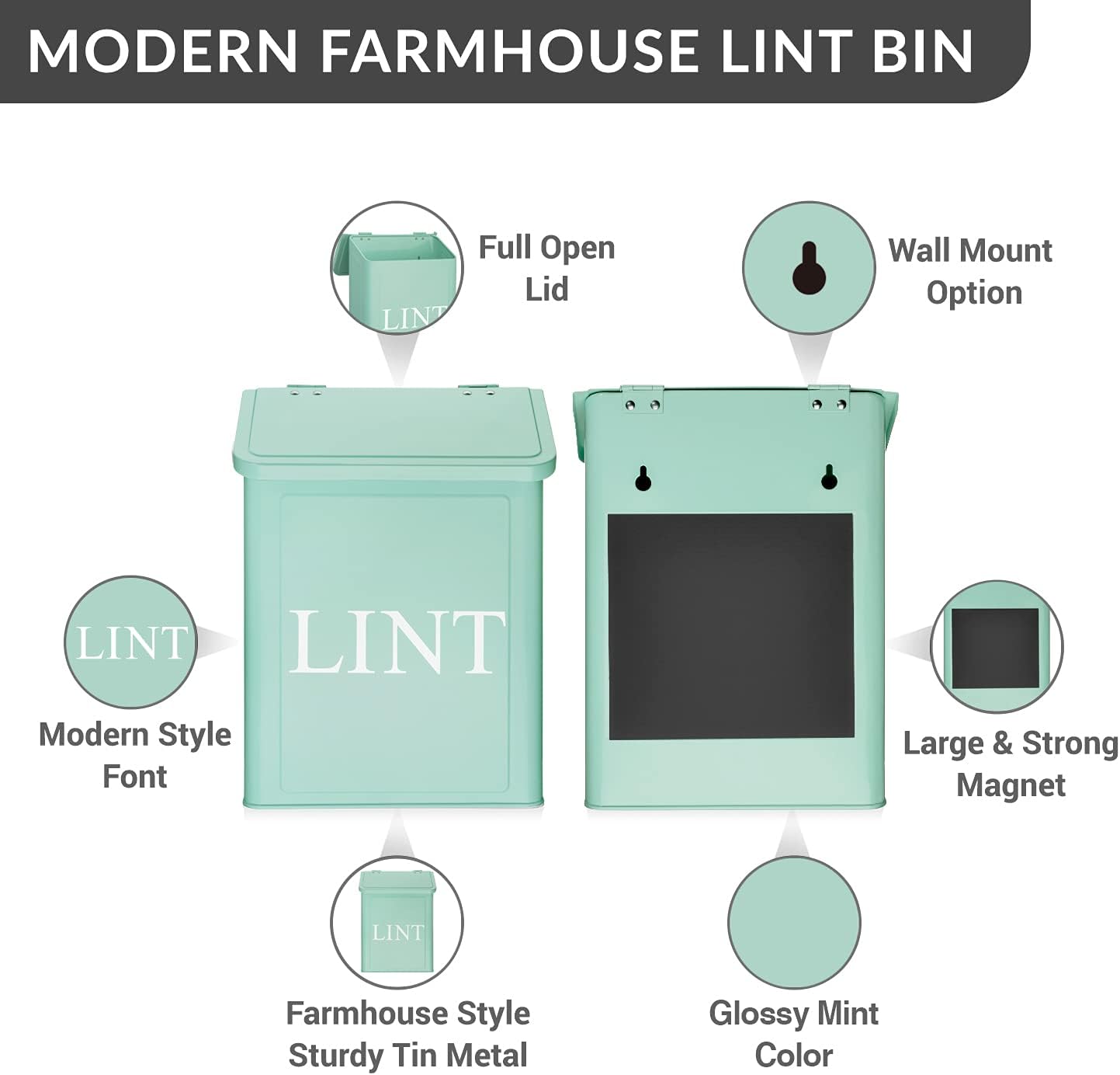 Calindiana Modern Farmhouse Metal Lint Bin 10L Mint Space-Saving Storage Solution