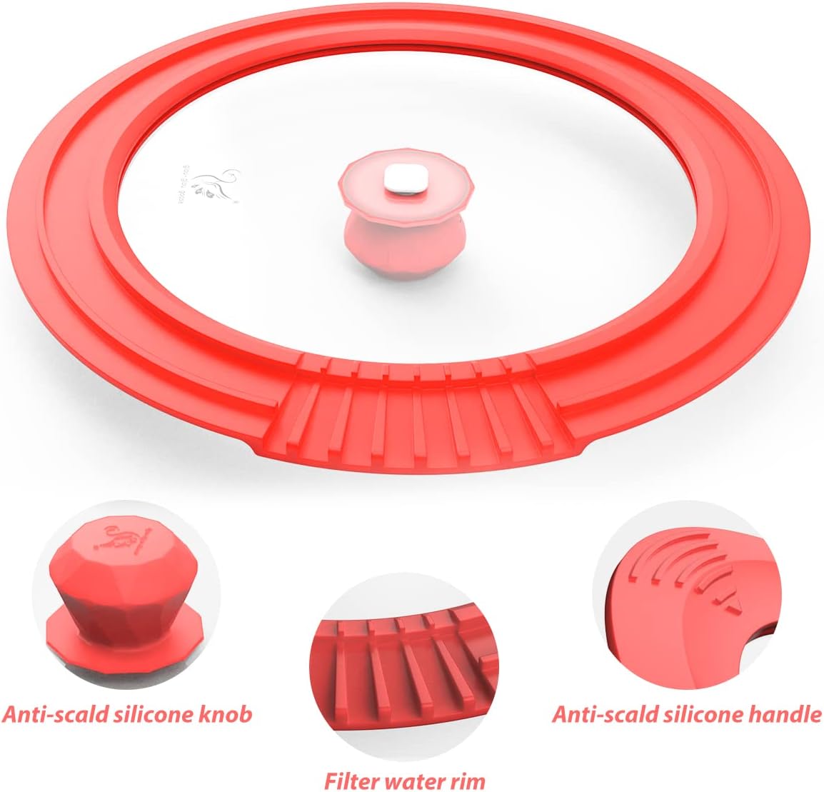 Tempered Glass Strainer Lid with Silicone Rim for Stockpot Pot - Red