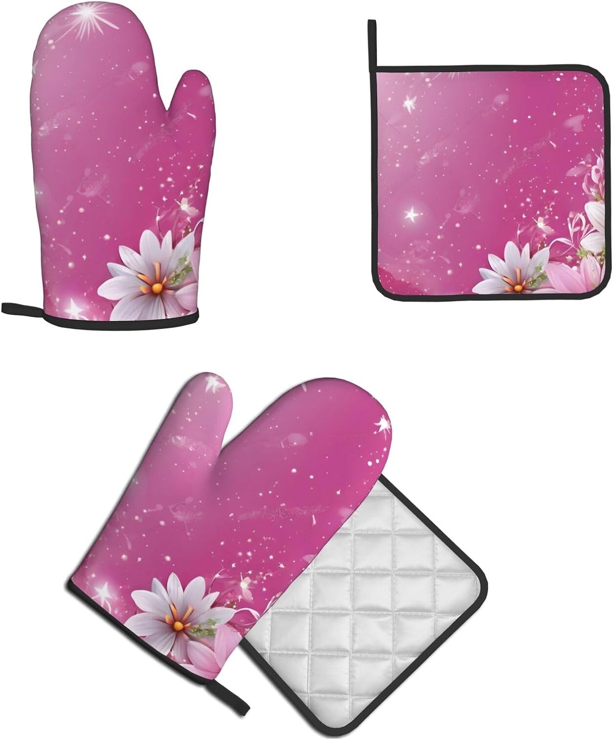 Daisy-Printed Oven Mitts and Pot Holders Non-Slip Kitchen Gloves