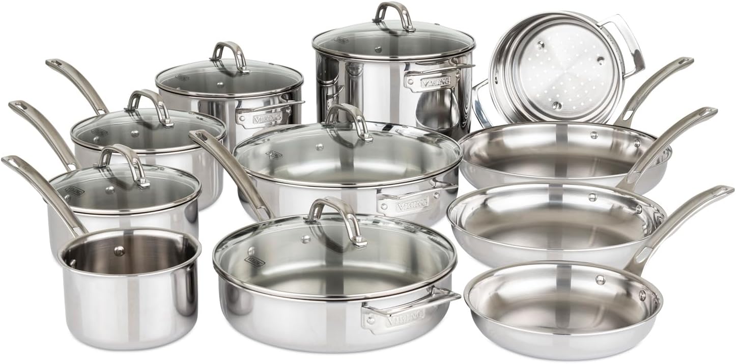 Stainless Steel Cookware Set of 17 Pans for Professional Grade Kitchen Use