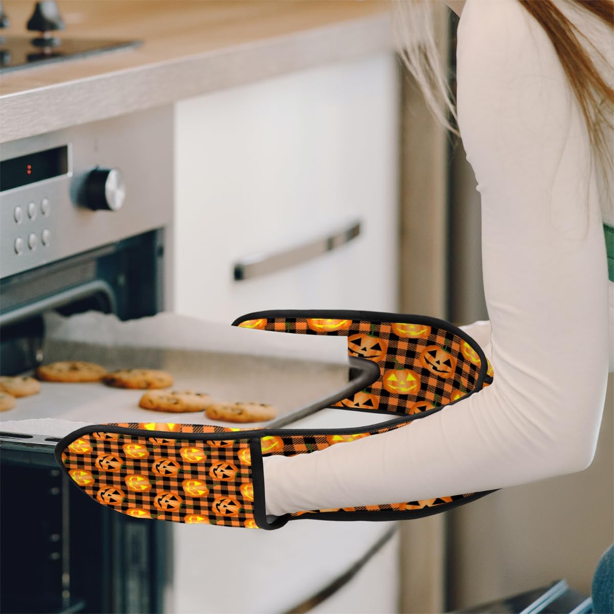 CFPolar Halloween pumpkin plaid Double Oven Mitts